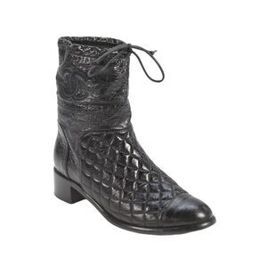 Chanel Womens Block Heel Drawstring CC Quilted Leather Boots Black Size 38